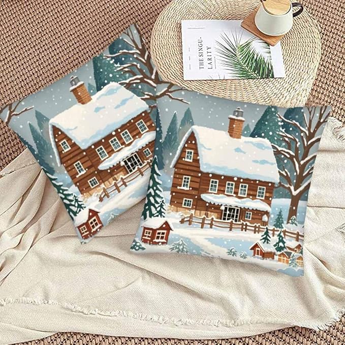 Farmhouse Throw Pillow Covers 18x18 Winter Snow Tree Set of 2 Pillow Cases Square Velvet Outdoor Pillowcases Decorative for Home Bed Sofa Couch Hotel