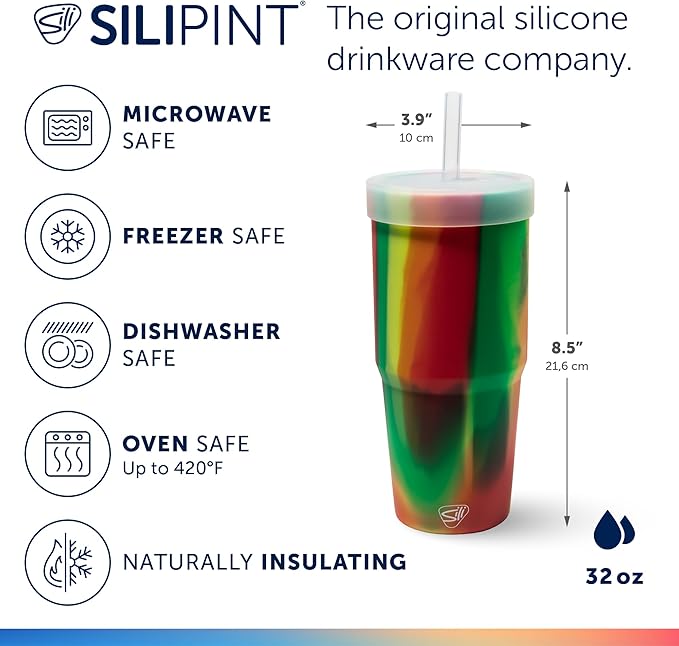 Silipint: 32oz Silicone Straw Tumbler, Unbreakable, Non-Toxic, Dishwasher Safe - Pack of 4