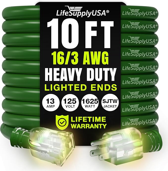 10ft Outdoor/Indoor Extension Cord 16/3 Gauge Heavy Duty 3 Prong SJTW, Waterproof, Flexible Cold-Resistant Long Power Cord,13A 125V 1625W, Green by LifeSupplyUSA