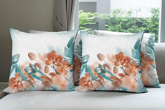 Ambesonne Tropical Throw Pillow Cushion Case Pack of 4, Exotic Orchids Blossom Leaves on Blurred Background Floral Themed Modern Art, Modern Accent Double-Sided Digital Printing, 16", Orange Teal