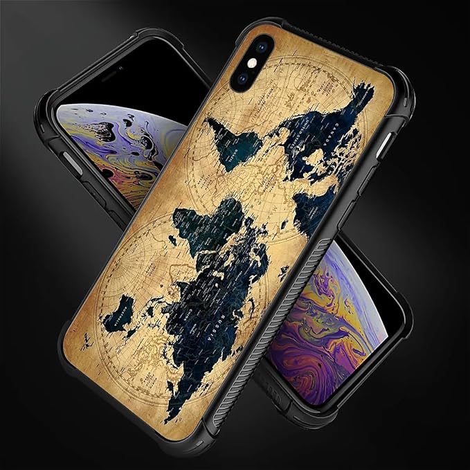 for iPhone X/Xs Case, Brown World Map Pattern Made of Soft Silicone Hard Acrylic Shock Protection for iPhone X/Xs