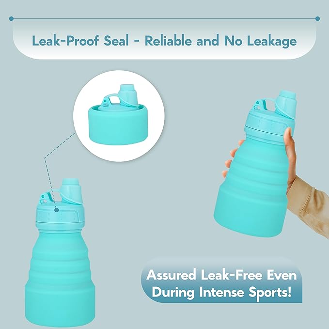 Collapsible Water Bottles 17oz, Odorless BPA-Free Silicone, Leak-Proof Foldable Reusable Bottle - Perfect for Travel Sports Gym Hiking Camping Cycling - Water Blue