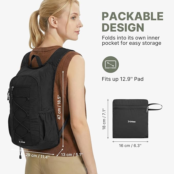 G4Free 20L Hiking Backpack Lightweight Daypack with Phone Pocket Small Packable Foldable Hiking Bag for Women Men, Black