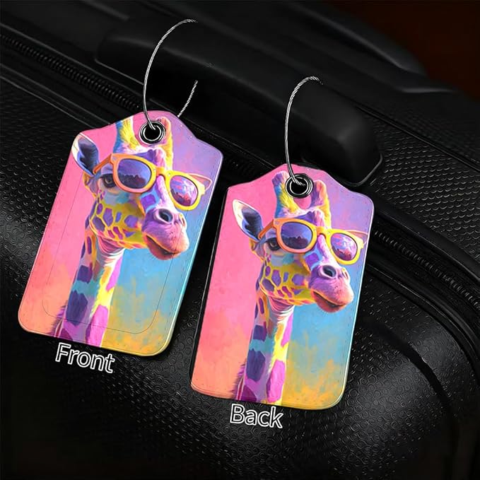 2 Pack Giraffe Luggage Tags for Suitcases, Floral & Sunglasses Animal Travel ID Tags with Privacy Cover, PU Leather Bag Identifiers, Spring & Summer Vacation Essentials, Mother's Day