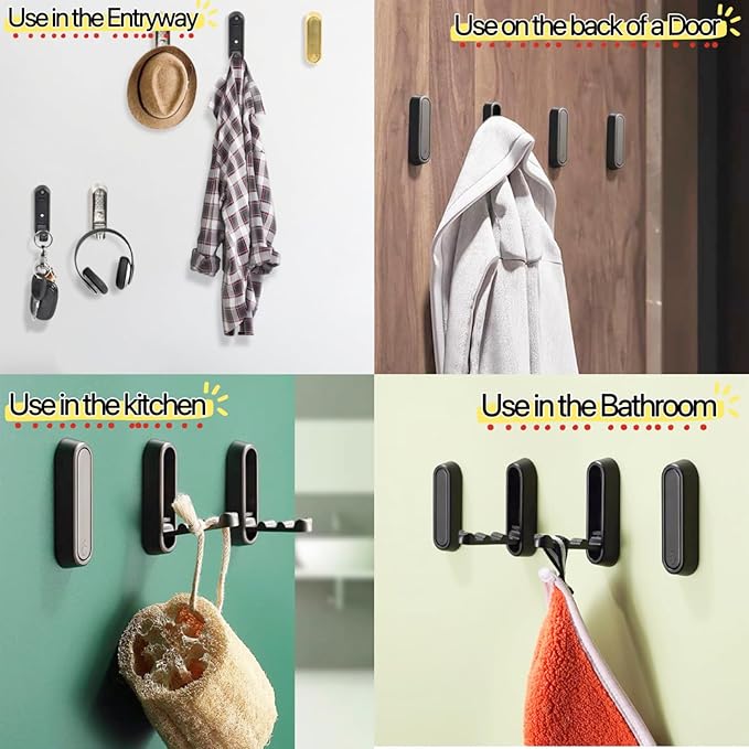 2 Pack Folding Wall Hooks, Foldable Black Coat Hooks for Bathroom, Entryway - Strong Hold for Towels, Robes, Hats, Bags, Keys - Solid Metal Wall Mounted Hooks with Screws