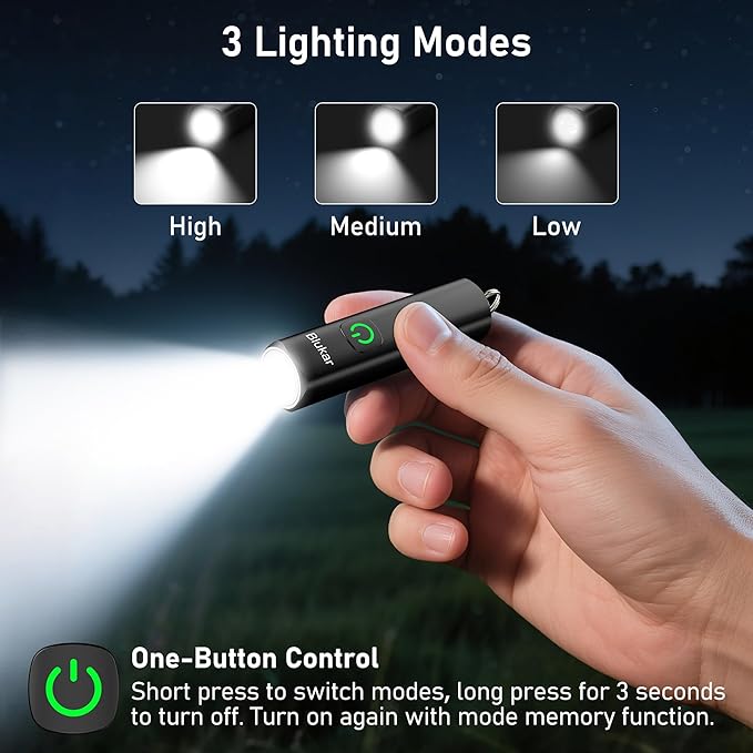Blukar Rechargeable EDC Flashlight, 360L Mini Keychain Flash Light with 3 Lighting Modes, Memory Function, Waterproof, Compact and Portable Pocket Light for Everyday Carry, Emergency,Camping,Outdoor