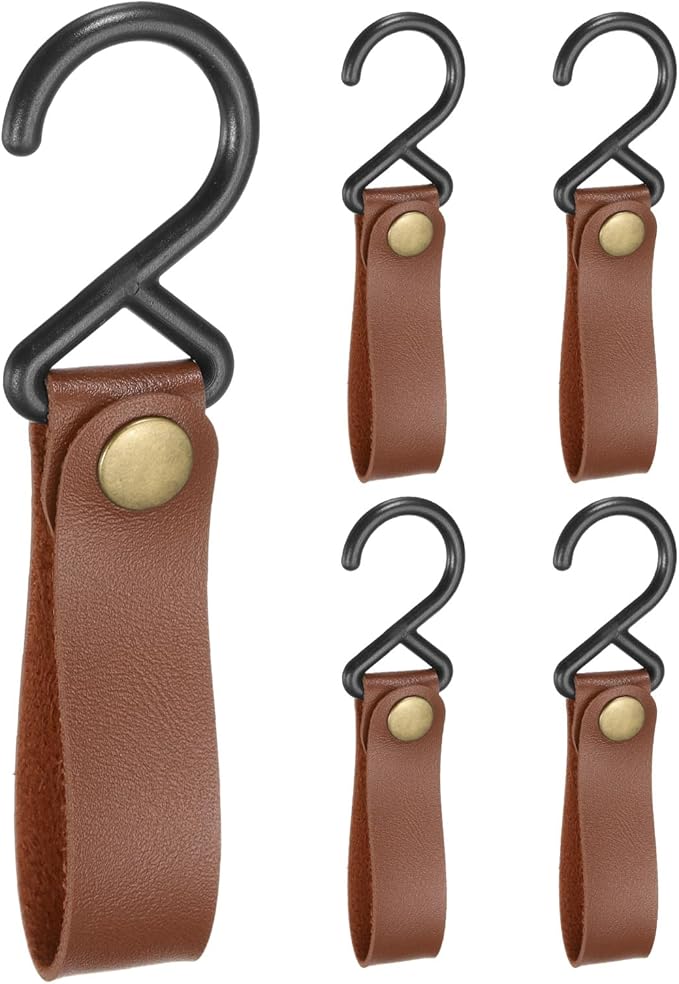 uxcell 5pcs PU Leather Hooks, Leather Straps with Hooks, S-Shape Hooks for Outdoor Camping Hanging Pots Pans Utensils Brown