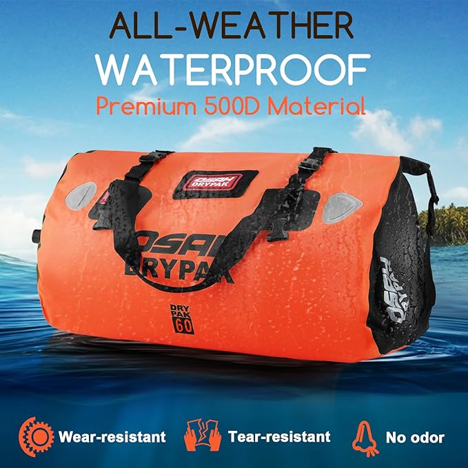 OSAH DRYPAK Waterproof Duffel Bag - Motorcycle Dry Bag Tail Bag with Large Storage Space, Waterproof Luggage Duffle Bags with Outer Mesh Zipper Pocket for Camping, Kayaking, Fishing & Traveling