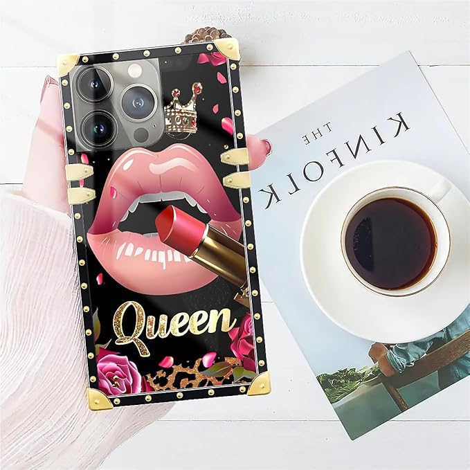 Compatible with iPhone 15 Pro Max Case, Glitter Red Rose Queen Leopard Lipstick Luxury Golden Decoration for Girl Women Soft TPU Shockproof Protective Hard PC Back