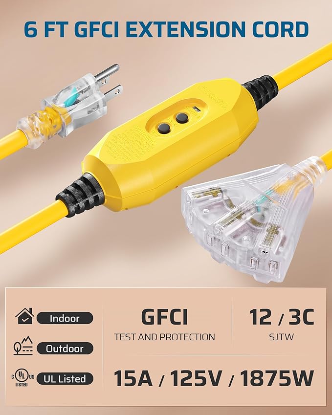 DEWENWILS 6FT Automatic GFCI Extension Cord Outdoor, Heavy Duty 12/3 SJTW Cord with LED Lighted Plug for Leaf Blower, Lawnmower, Weed Whacker, 15A 125V, Yellow, UL Listed