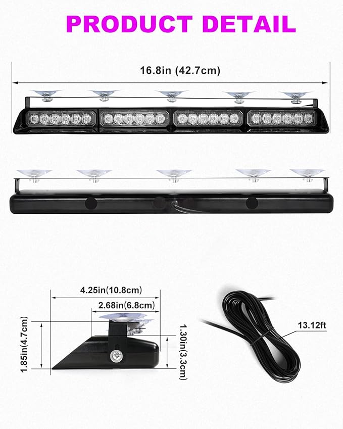 HLauto 6Z4J Emergency Dash Strobe Lights: 2x16.8 inch Purple White Safety Lights, 48 LED Flashing Warning Hazard Interior Windshield Visor Traffic Light Bar for Trucks, Construction Vehicles