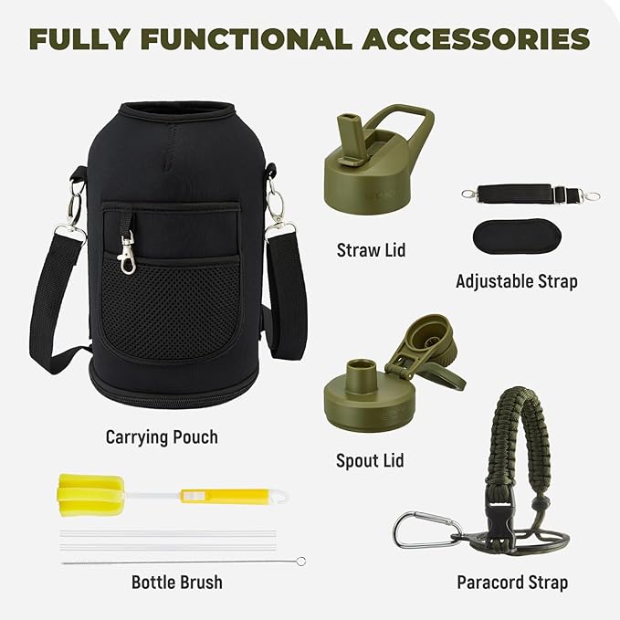 COKTIK 84oz Insulated Water Bottle - Stainless Steel Vacuum Metal, Portable ½ Gallon Large-Capacity Sports Bottle with Straw, Carry Bag and Handle Strap, Ideal for Gym & Hiking（Army Green)