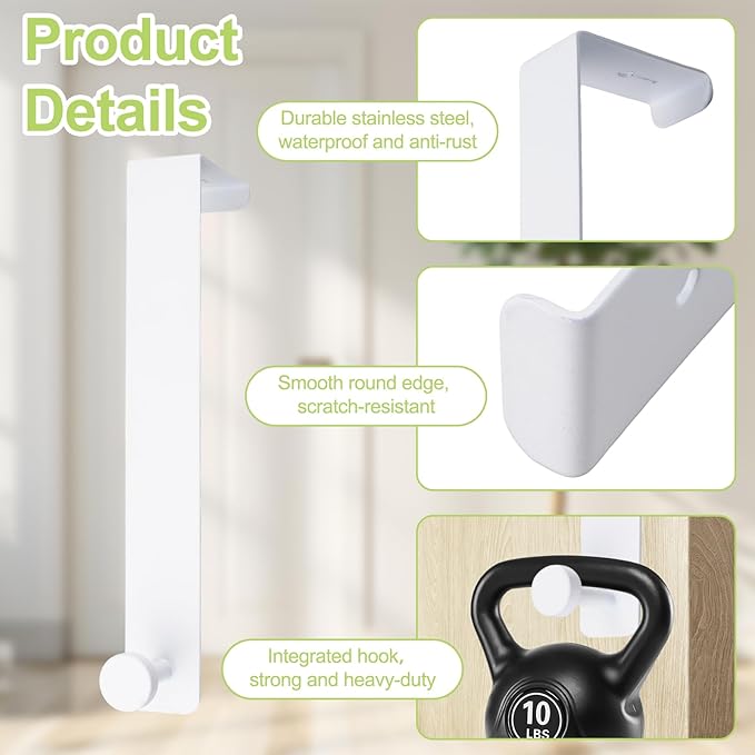 T-Shaped Over the Door Hooks, 2Pcs Rustproof Stainless Steel Door Hooks Over Door Coat Hangers for Home, Office (White)