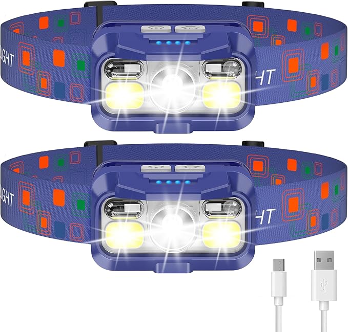 LHKNL Headlamp Rechargeable, Lumen Super Bright Motion Sensor Head Lamp Flashlight,2-Pack Waterproof LED Headlight with White Red Light,8 Modes Head Lights for Camping Cycling Running Fishing-Blue