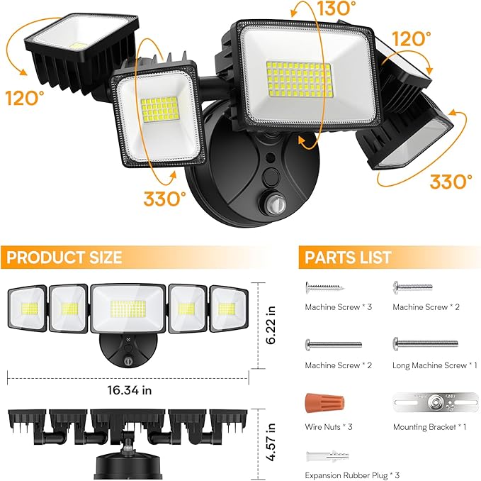 Onforu 120W 12000LM Dusk to Dawn Outdoor Lighting,5 Heads Flood Lights Outdoor,6500K Super Bright Automatic Outdoor Lighting,IP66 Waterproof Hardwired LED Security Lights for Garage,Yard,Outside