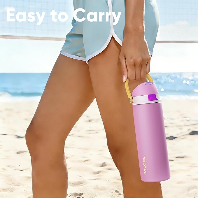 Insulated Water Bottle with Straw - Encool Stainless Steel Water Bottle with Push Button Lid, Leak-Proof & BPA-Free, Keeps Cold for 24 Hours for Sports, Travel, Gym (24 oz, Light Orchid-Fuchsia)