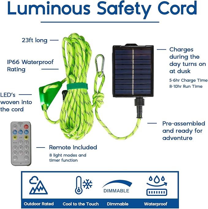 Solar Luminous Paracord Rope, 23ft Solar-Powered Yellow Glow Rope with Remote, 8 Lighting Modes + Timer, 500 mAh Battery, IP66 Waterproof for Outdoor Camping