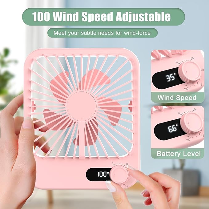 Portable Fan Rechargeable, Small Desk Fan Quiet, 180°Tilt Adjustable Personal Fan for Sleeping, Battery Operated, 100 Speeds, Table Fan for Bedroom Office Home Outdoor, Pink