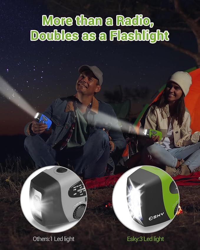 Esky Emergency Hand Crank Radio with 3 LED Flashlight, AM/FM/NOAA Portable Weather Radio with 2000mAh Battery, Solar-Powered USB Rechargeable Radio for Indoor and Outdoor Camping, Green