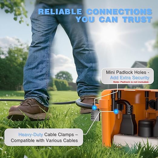 Flemoon Medium Outdoor Electrical Box (11.5x5.2x4 inch), IP54 Waterproof Extension Cord Cover w/6 Cable Entry Ports, Weatherproof Connection Box for Power Strip, Timer, Holiday Lights, Orange