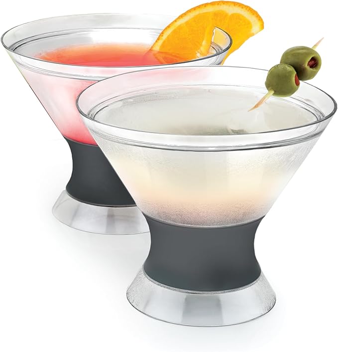 Host Freeze Insulated Martini Cooling Cups for Espresso Martinis, Gifts for Mom, Housewarming Gifts for Women, Plastic Freezer Gel Chiller Double Wall Stemless Cocktail Glasses, Set of 2, 9 oz, Gray