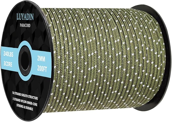 Reflective Paracord 240lb - Diameter 2mm Micro Utility Cord -3 Strand Parachute Spool Cord - 100ft 200ft,Paracord for Camping,Hiking,Fishing,Outdoor and DIY