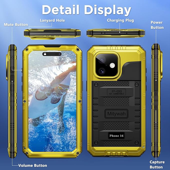 Mitywah Waterproof Case for iPhone 16, Shockproof Heavy Duty Case with Built-in Screen Protector, Underwater Full Body Protective Metal Case 6.1 inch, Yellow