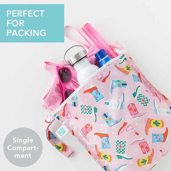 Bumkins Waterproof Wet Bag for Baby, Travel, Swim Suit, Cloth Diapers, Pump Parts, Pool, Beach, Gym Clothes, Toiletry, Hook to Stroller, Daycare, Zipper Reusable Wetdry Packing Pouch, Cowgirl Boots