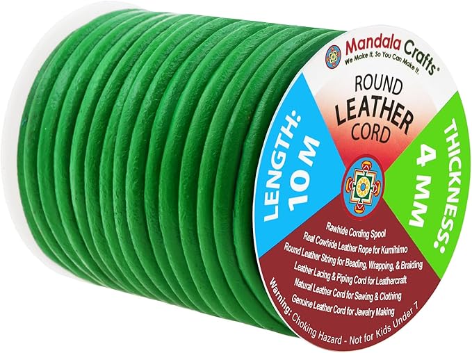 Mandala Crafts Round Genuine Green Leather Cord for Jewelry Making – 4mm Cowhide Leather Rope String Lace for Kumihimo – 11 Yards Cowhide Craft Cording Spool