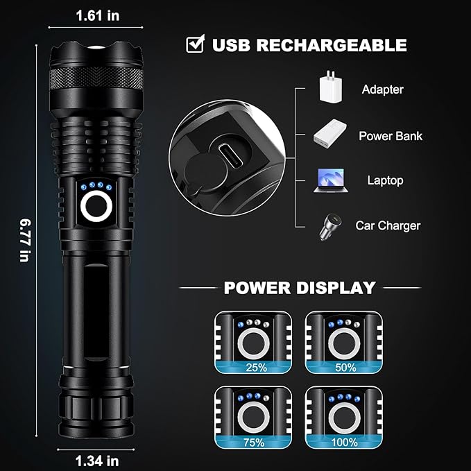 Lylting 4 Pack Rechargeable LED Flashlights High Lumens, 90,000LM Super Bright Flashlight, Adjustable Powerful Flash Light with USB Cable & 5 Modes, Waterproof Handheld Flashlight for Home Camping