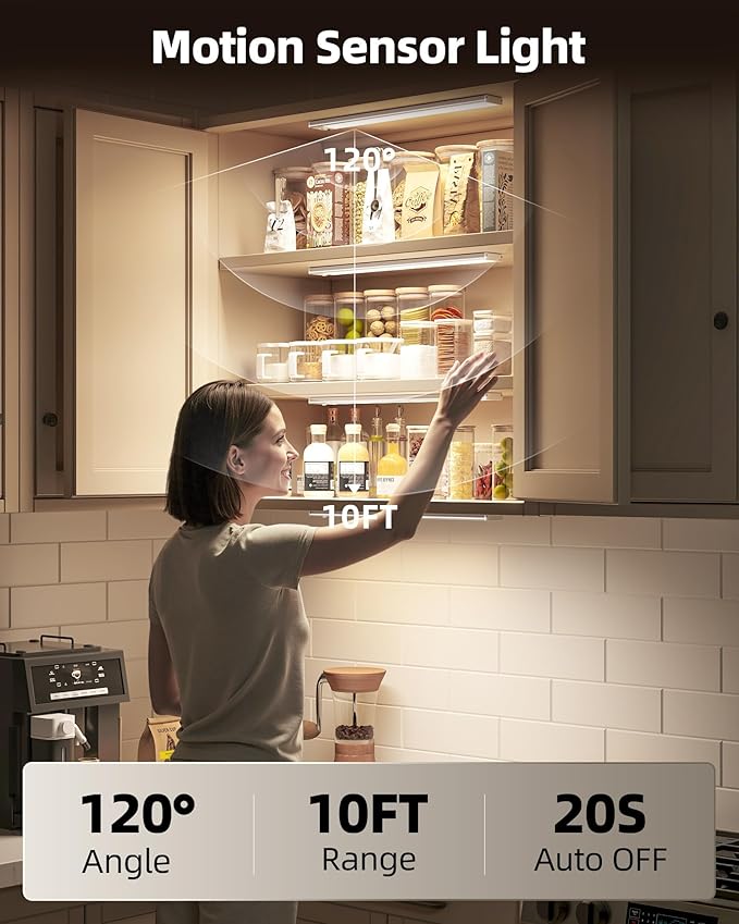 2Pack 16inch Under Cabinet Lighting, Rechargeable Motion Sensor Light Indoor, Dimmable 3 Color Temps Closet Lights with IR Remote, Under Counter LED Lights for Kitchen, Stairs
