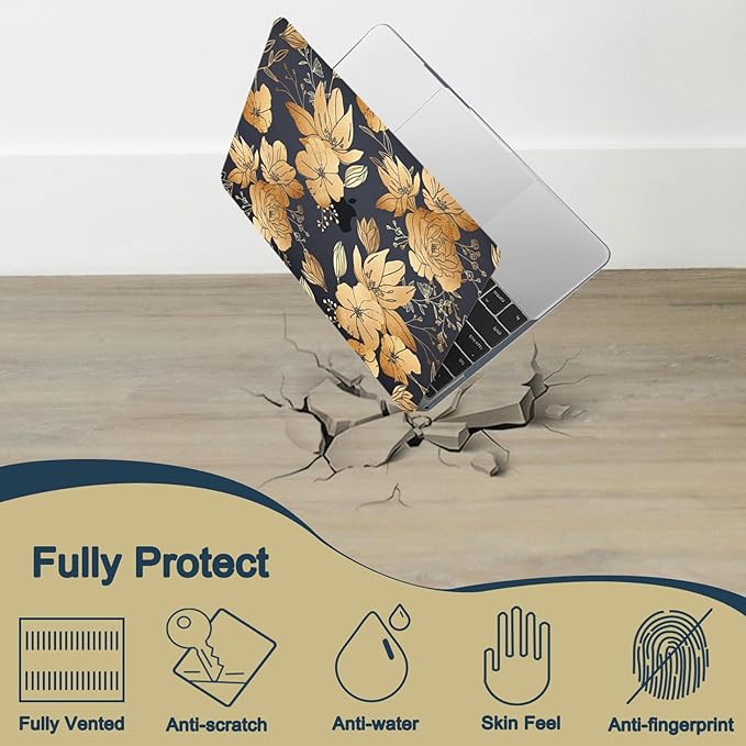 Hard Cover for MacBook Air 13 inch Case 2010-2017 Release (Model A1466 A1369),Pattern Design Protective Case & TPU Keyboard Cover for Apple Laptop Air 13.3",Blue Gold Floral