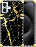 Compatible with iPhone 16 Plus Case, Black Gold Marble Nature Luxury Golden Decoration for Girl Women Soft TPU Shockproof Protective Hard PC Back