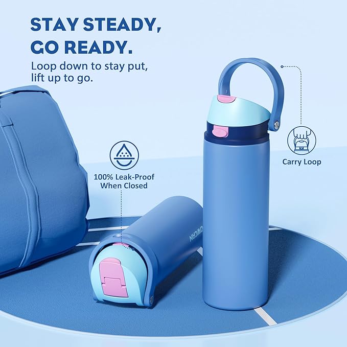 POWCAN 24 oz Metal Sports Water Bottle: 2-in-1 Push-Button Spout & Quick-Flip Straw, Leakproof, Cold 24Hrs, Lockable, Fits Car Cup Holder, Insulated Steel Cup for School, Hiking, Gift (Ohana Blue)