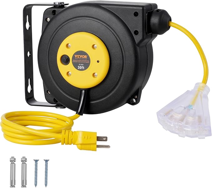 VEVOR Retractable Extension Cord Reel, 30 FT, Heavy Duty 16AWG/3C SJTOW Retractable Power Cord Reel with Lighted Triple Tap Outlet 10 Amp Circuit Breaker 4.5FT Lead-in Cord, for Ceiling or Wall Mount