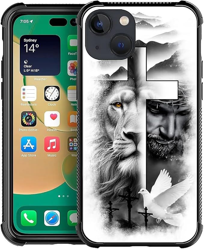 for iPhone 13 Case, Lion Cross Jesus Christ Dove Pattern Graphic Design Girl Boy Soft Silicone Hard Acrylic Shock Protection for iPhone 13