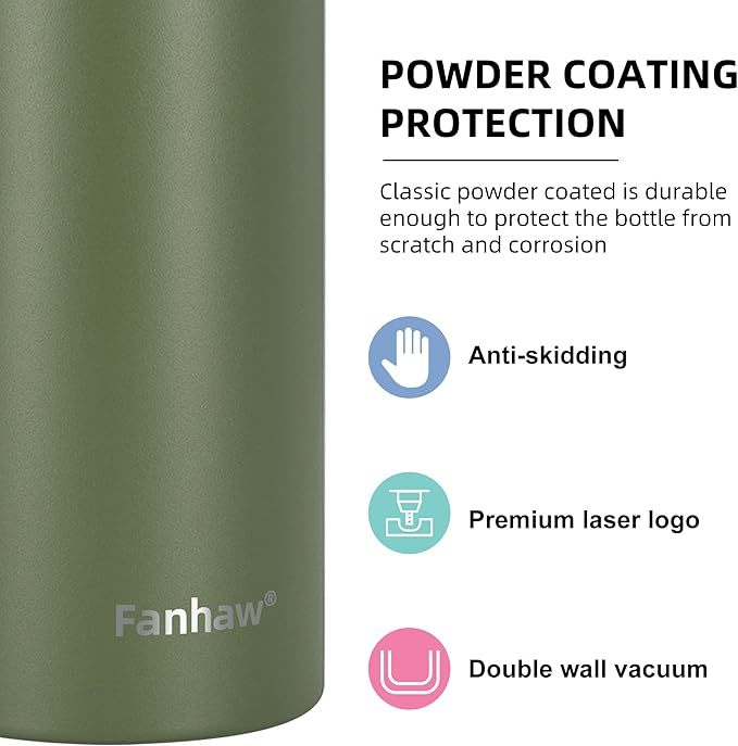 Fanhaw 24 oz Insulated Stainless Steel Water Bottle with Straw Lid, Leakproof & Anti-Dust Sports Bottle for Kids, Women & Men (Olive Green)