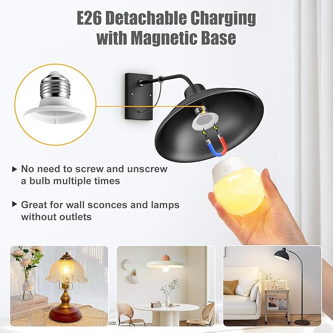 Brightown E26 Rechargeable Light Bulb with Remote and Timer, Battery Backup Bulb for Sconces and Lamps, E26 Detachable Charging for Non-Hardwired Fixture, 3 Color Temperatures + 9 RGB Colors, 4 Pack