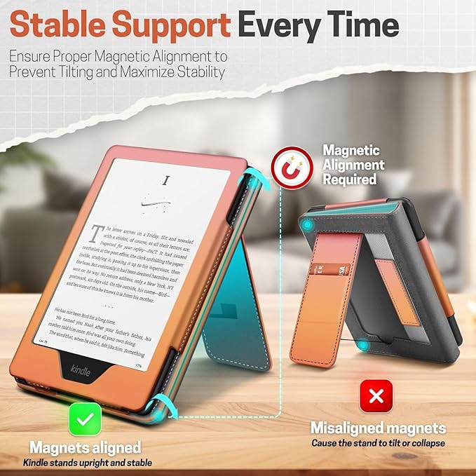 TNP Stand Case for Kindle Paperwhite 12th Generation 2024 / Kindle Colorsoft Signature Edition with Hand Strap & Card Slot - 7" PU Leather Protective Folio Cover with Auto Wake/Sleep, Pink Orange