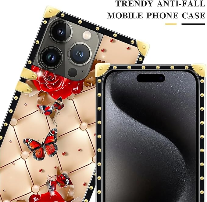 Compatible with iPhone 16 Pro Max Case, Shining Red Rose Butterfly Leather Background Luxury Golden Decoration for Girl Women Soft TPU Shockproof Protective Hard PC Back