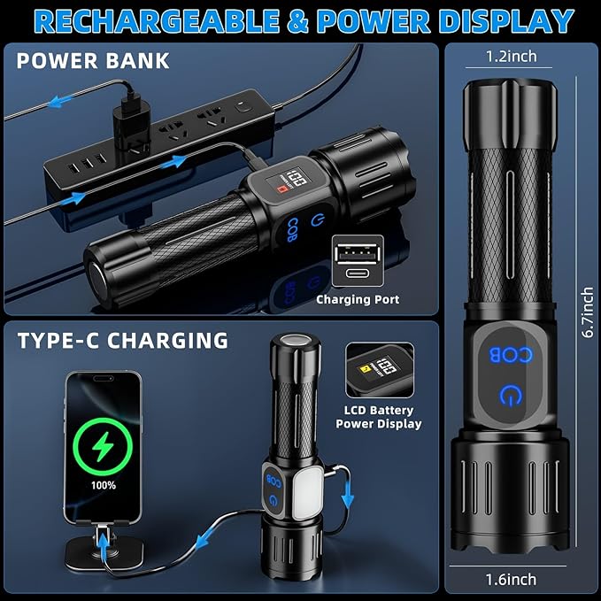 Rechargeable LED Flashlight, Super Bright 99000 High Lumens Flash Light, 9 Modes Zoomable Flashlight with LCD Display, Waterproof Tactical Flashlights for Camping, Home Emergency