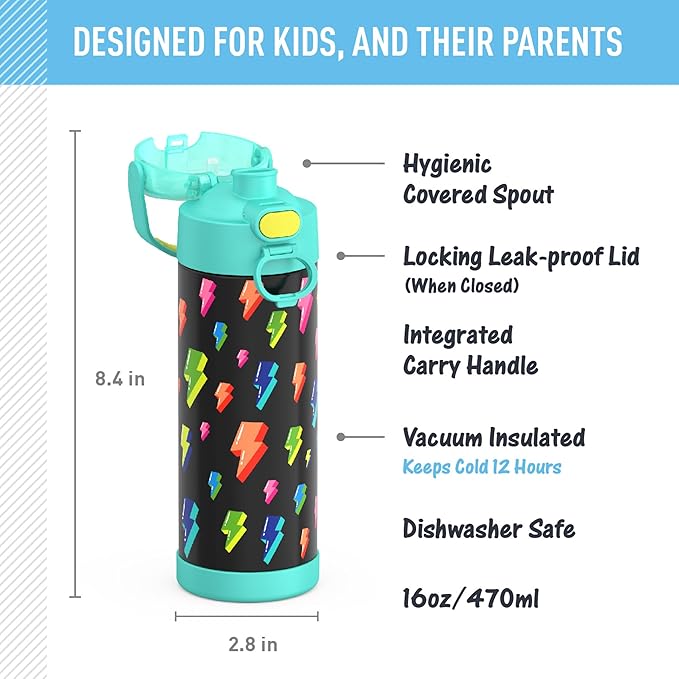 THERMOS FUNTAINER 16 Ounce Stainless Steel Vacuum Insulated Bottle with Wide Spout Lid, Lightning Bolt Girl