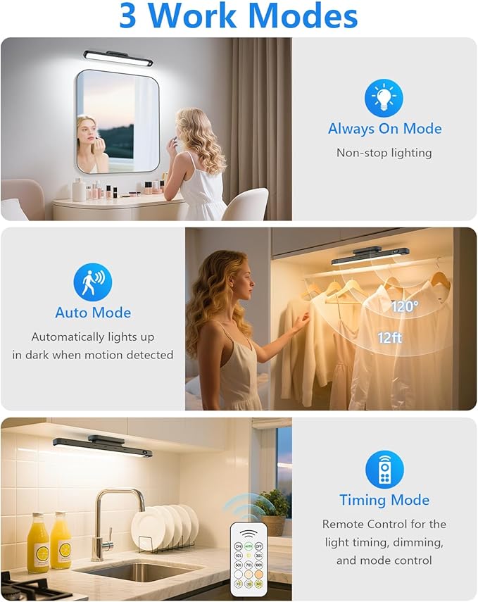 Ferswe 5W Motion Sensor LED Light Bar with Remote, 2500mAh Under Cabinet Lights with Battery Display,Eye-Friendly Mirror Lights Stick on, Rechargeable Light Bar for Cabinet, Closet, Bathroom and Desk
