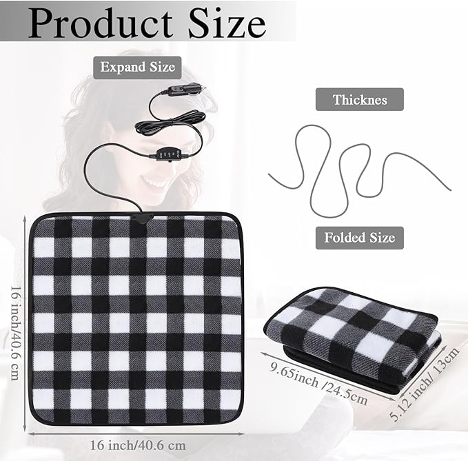 Tuanse 16 x 16 Inches Car Electric Blanket 12 Volt Heated Car Blanket with Temperature Controller and Black Storage Bag Cold Weather Tailgating and Emergency Kit (Black White,Plaid)
