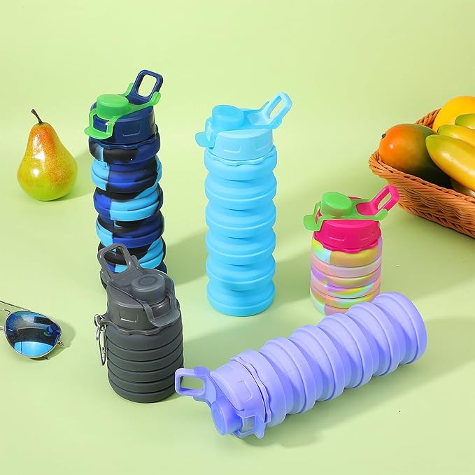 5 Pack Foldable Water Bottles, 16 oz Silicone Reusable Foldable Water Bottle, Portable Leak Proof Travel Sports Bottle with Metal Clip for Camping Hiking Gym, Colorful