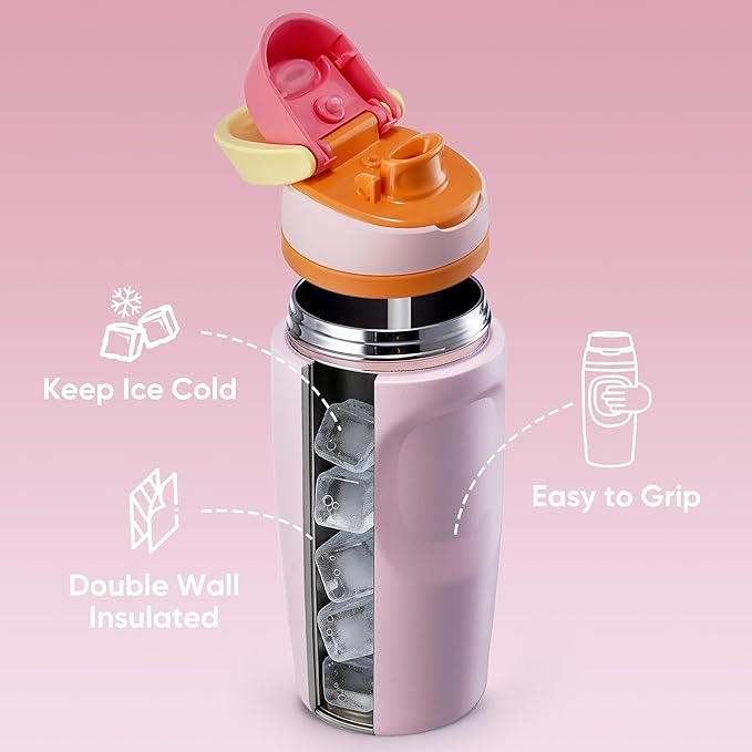 Fijinhom 16 oz Insulated Water Bottle,Stainless Steel Sports Water Bottle with Straw, Double Wall Vacuum Leak Proof, Cold for 24 Hours, BPA Free for Travel, Sport, Outdoor, Pink