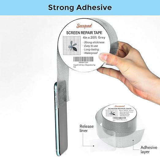 Secopad Grey Window Screen Repair Tape, 4IN X 20FT (240IN) Screen Repair Kit for Windows or Doors, Strong Adhesive Patch Kit Fiberglass Mesh Tape