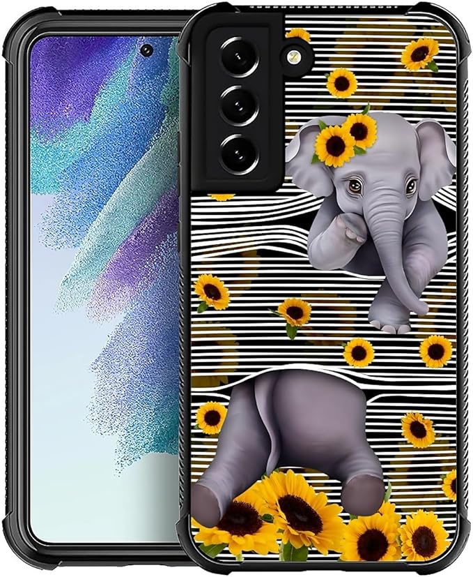for Samsung Galaxy S21 Plus Case, Cute Little Elephant Sunflower White Line Art Pattern Graphic Design Soft Silicone Hard Acrylic Shock Protection for Samsung Galaxy S21 Plus