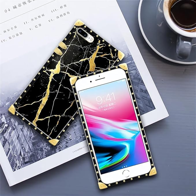 Compatible with iPhone 8 Plus 7 Plus Case, Black Gold Marble Nature Luxury Golden Decoration for Girl Women Soft TPU Shockproof Protective Hard PC Back for iPhone 8 Plus 7 Plus