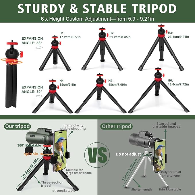 Pankoo 40X60 Monocular Telescope with Smartphone Holder & Upgraded Tripod, 2025 BAK4 Prism FMC Monoculars for Adults, HD Monocular Scope for Bird Watching Hiking Concert Camping Travelling